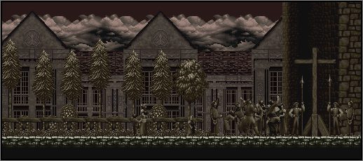 The scene inside Alucard's nightmare: the town square and the cross where Lisa was executed in Castlevania: Symphony of the Night