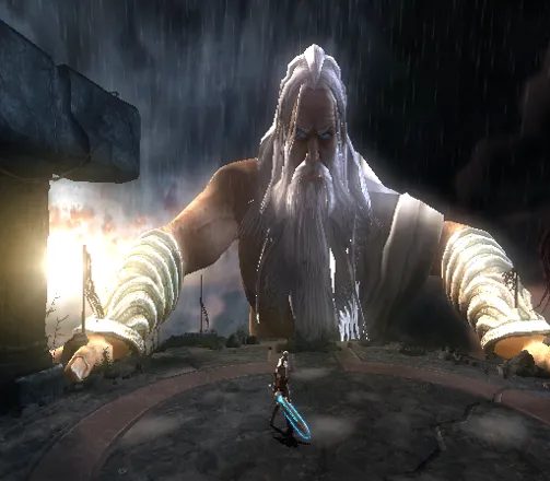 Zeus khổng lồ trong mưa đối mặt Kratos cầm Thanh Kiếm của Olympus trong God of War II