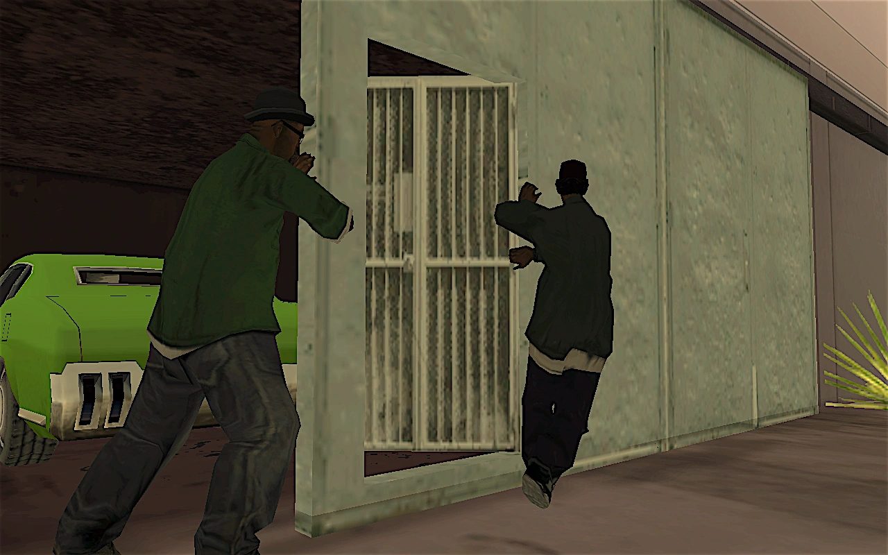 Big Smoke and Ryder stepping out of the garage holding the Green Sabre in Grand Theft Auto: San Andreas