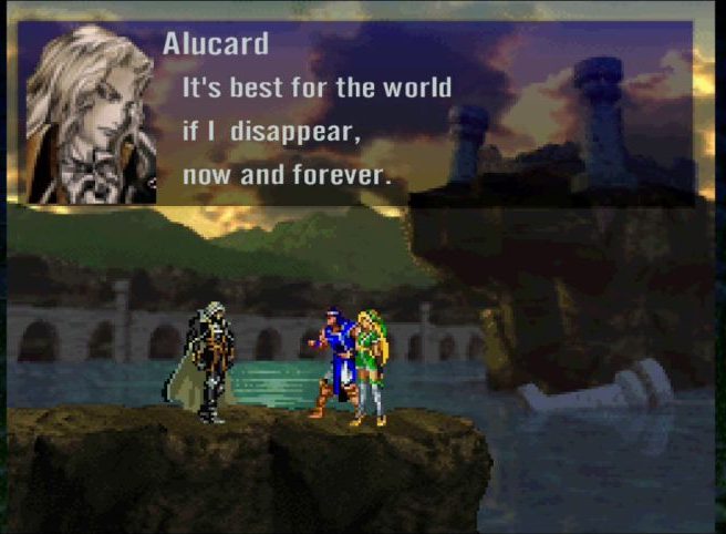 Alucard bids farewell to Richter and Maria outside the castle at dawn, Castlevania: Symphony of the Night
