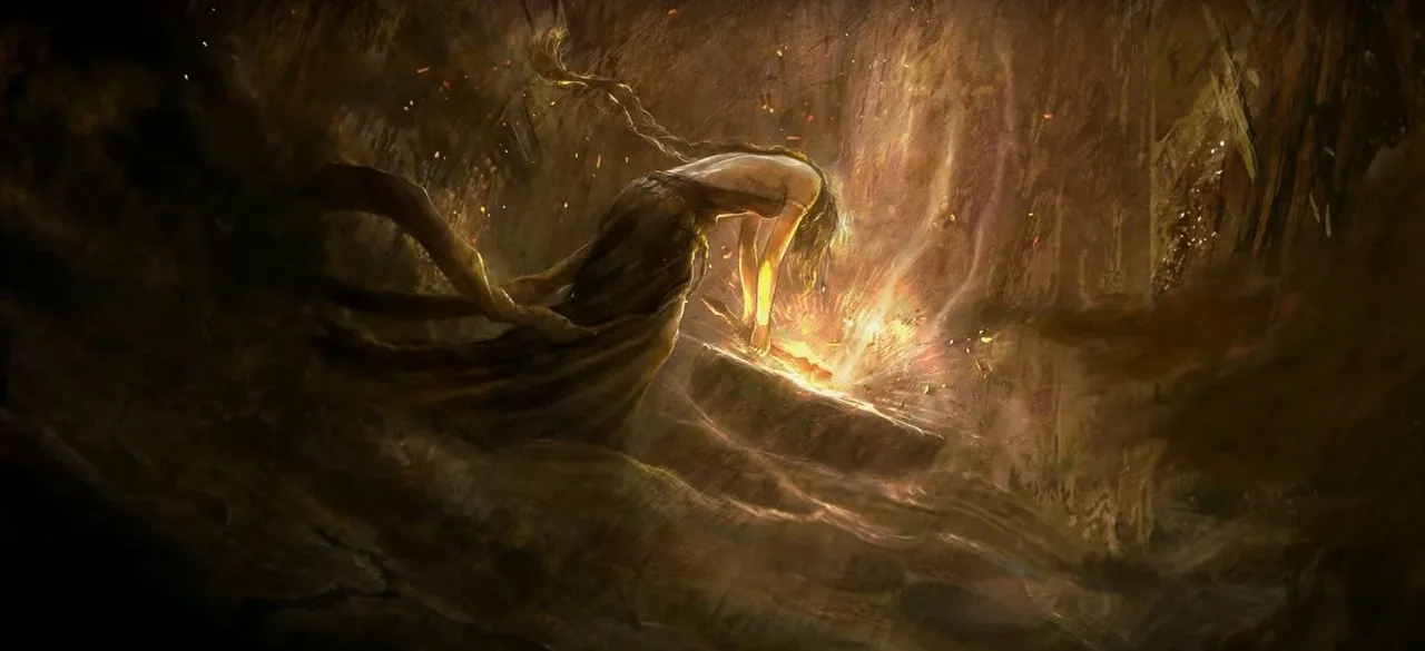 Marika shattering the Elden Ring in the event known as the Shattering