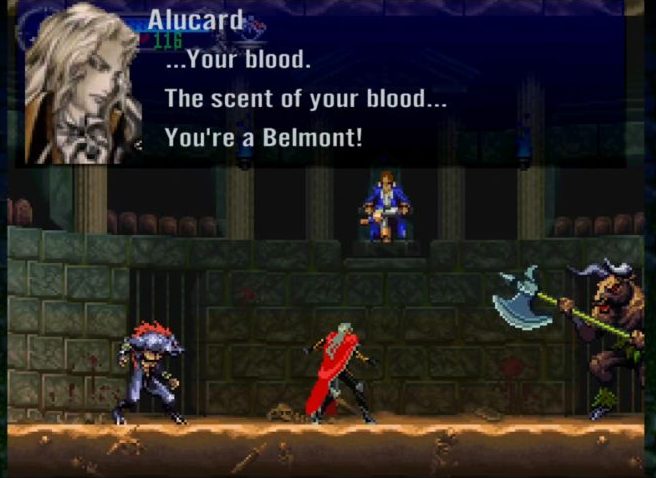 Richter Belmont seated above the Colosseum summoning monsters, as Alucard recognizes Belmont blood in Castlevania: Symphony of the Night