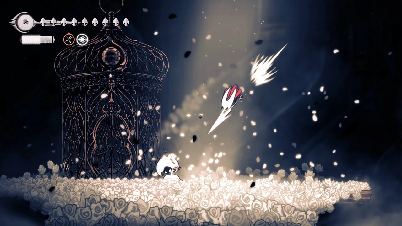 Hornet in the dark lands of Pharloom after escaping the cage