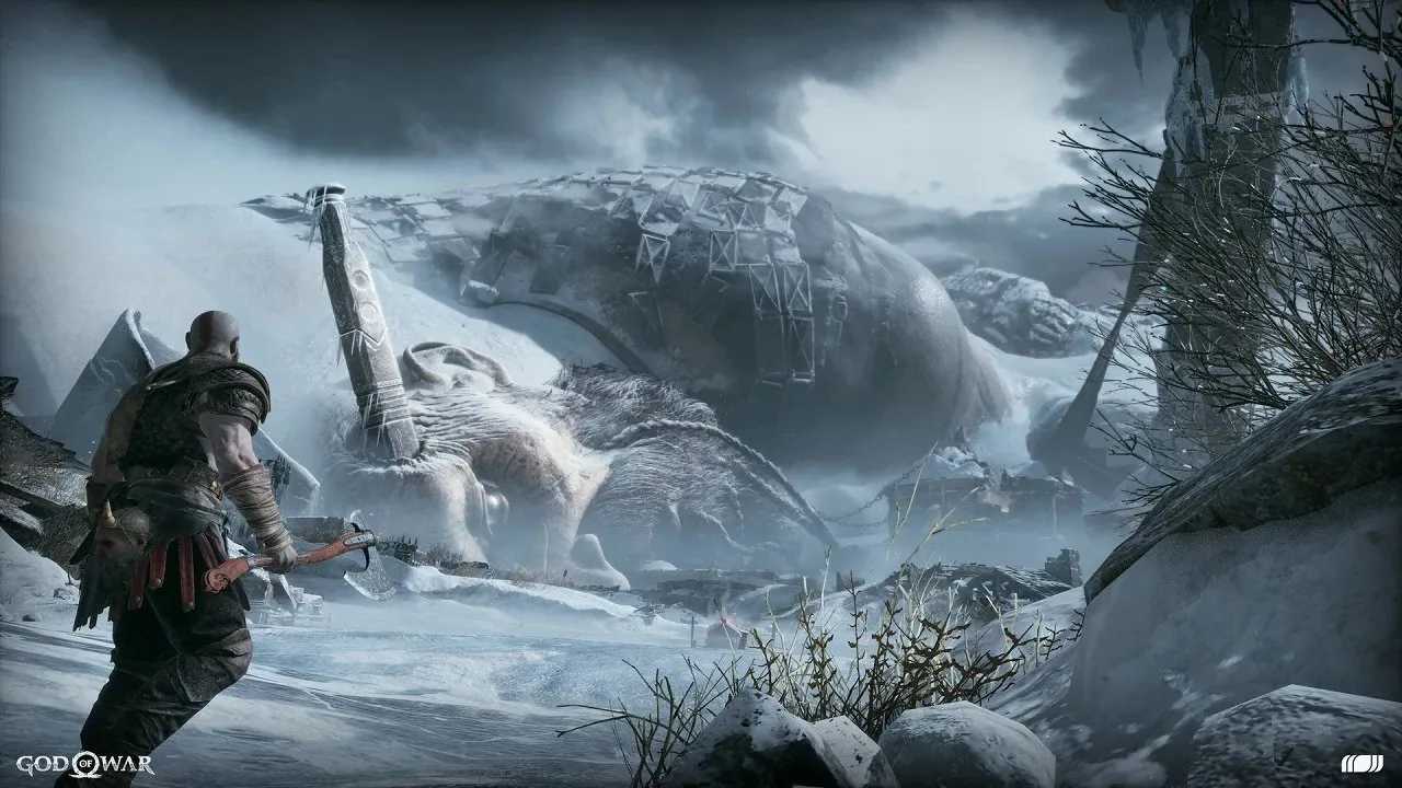 Kratos standing before the frozen giant corpse of Thamur amid the ice