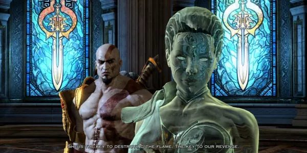 Kratos đứng trước bức tượng của Athena và bàn về Hộp Pandora cùng Ngọn Lửa Olympus trong God of War III