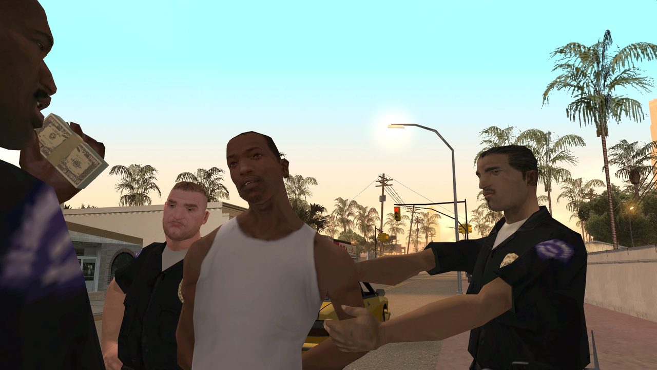 CJ being stopped by the C.R.A.S.H. officers as soon as he returns to Los Santos in Grand Theft Auto: San Andreas