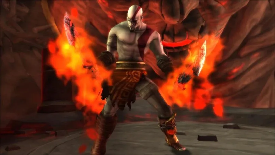Kratos with the Blades of Athena wreathed in the flames of Thera's Bane before the Titan Thera