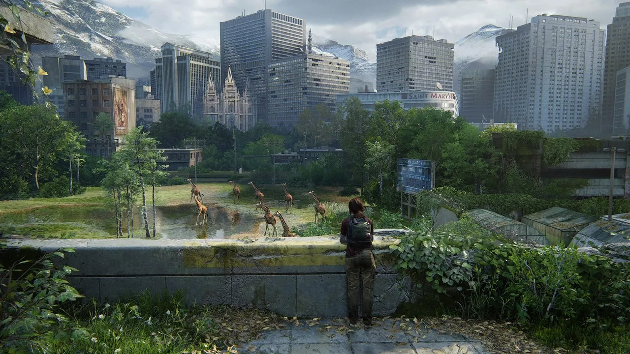 Ellie quietly watching a herd of giraffes in the ruins of Salt Lake City