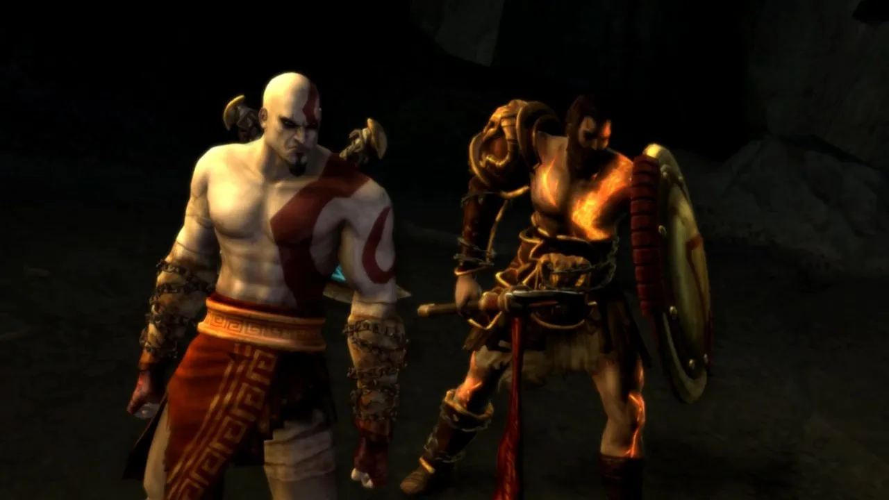 Kratos and Deimos standing side by side with the Arms of Sparta before the final battle