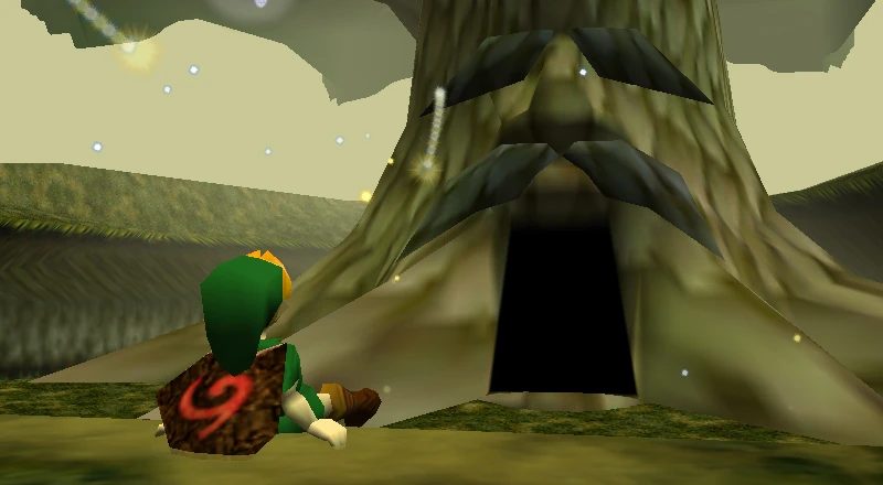 Link standing before the Great Deku Tree in Kokiri Forest