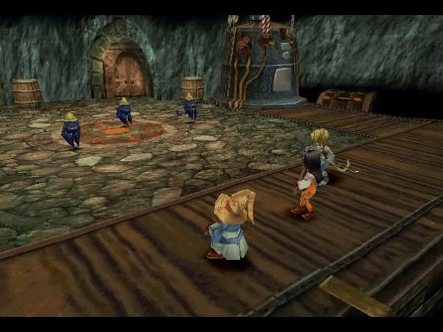 Black mages trudging along beneath the underground factory of the village of Dali