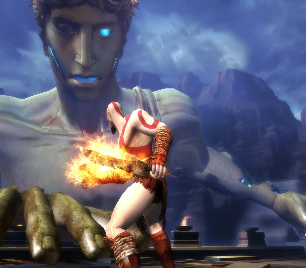 Kratos tung đòn lửa đối mặt tượng Colossus khổng lồ của Rhodes trong God of War II