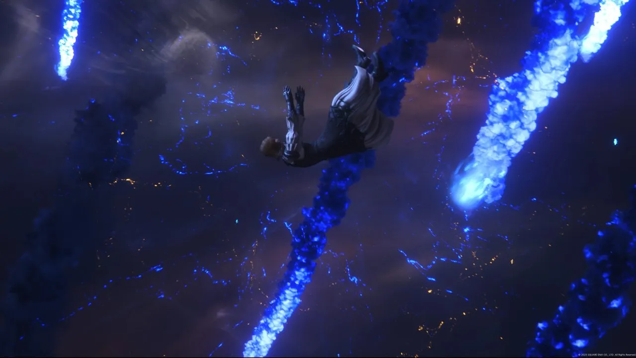 Dion Lesage in the form of Bahamut falling after the battle in the skies above Twinside