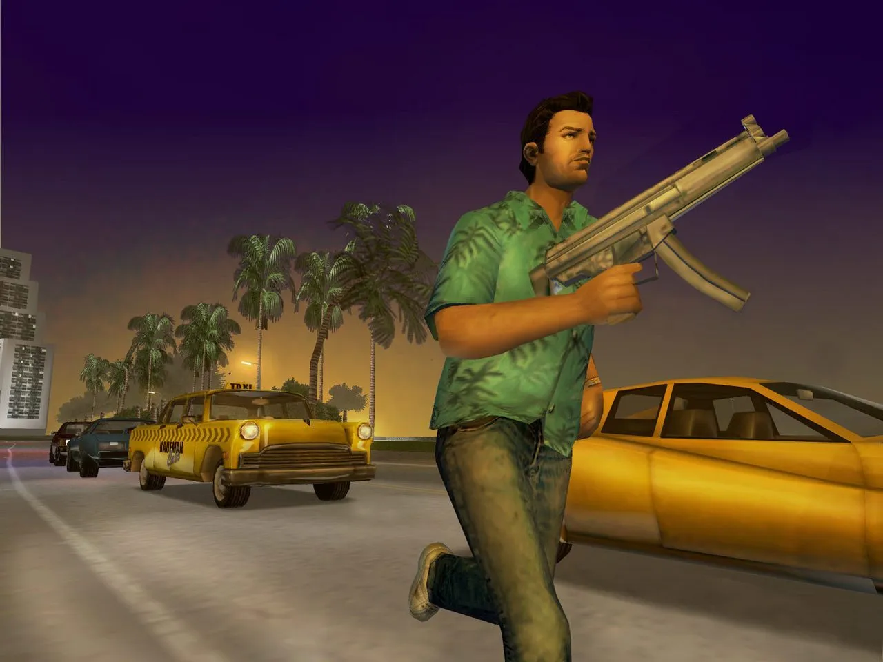 Tommy Vercetti holding a shotgun during a night of action in Vice City