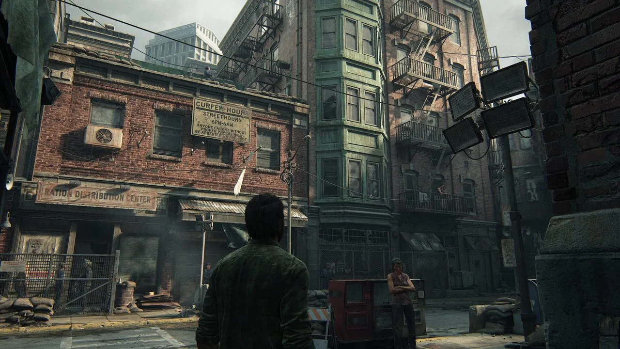 Joel standing amid the ruined Boston quarantine zone, twenty years after the apocalypse