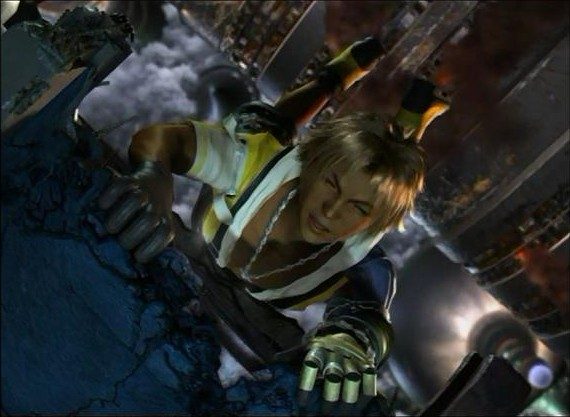 Tidus trèo lên đống đổ nát giữa lúc Sin tàn phá Zanarkand (bản PS2 gốc)