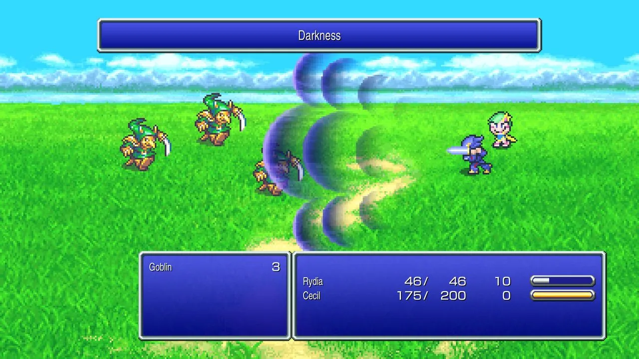 Cecil as a dark knight using the Darkness ability in the Pixel Remaster version of Final Fantasy IV