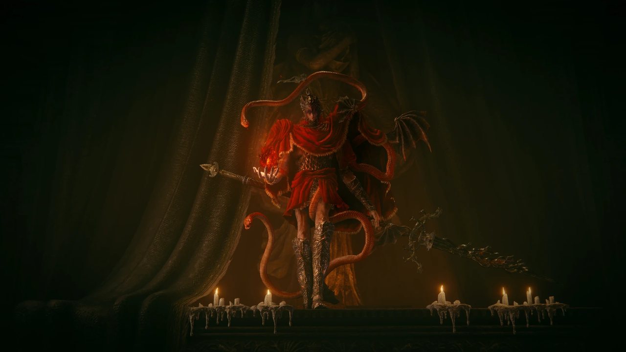 Messmer the Impaler ngồi trên ngai trong sảnh tối của Shadow Keep, hai rắn có cánh quấn quanh người