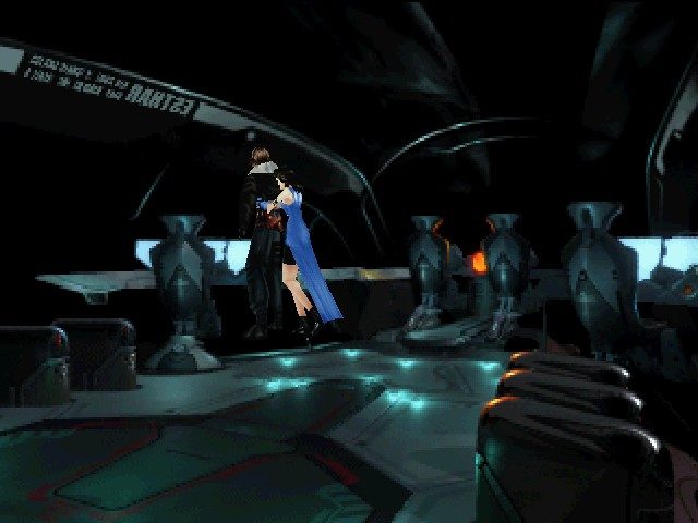 Squall và Rinoa ôm nhau trên tàu Ragnarok giữa không gian