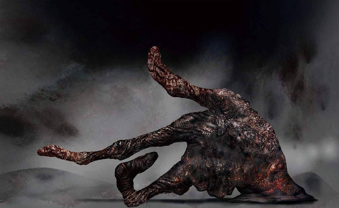 Concept art chính thức của Ba Ngón Tay, bàn tay cháy xém bị phong ấn dưới Leyndell trong Elden Ring