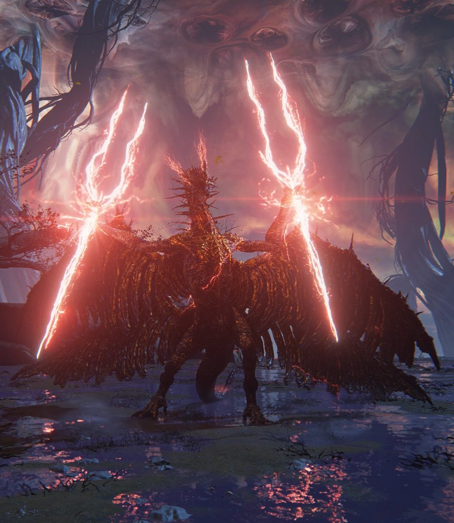Lichdragon Fortissax wreathed in red lightning within Fia's Deathbed Dream