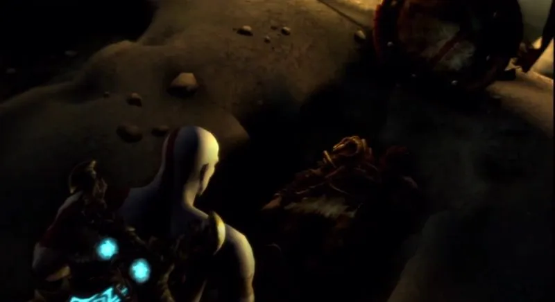 Kratos beside the body of Deimos at the graves in Sparta