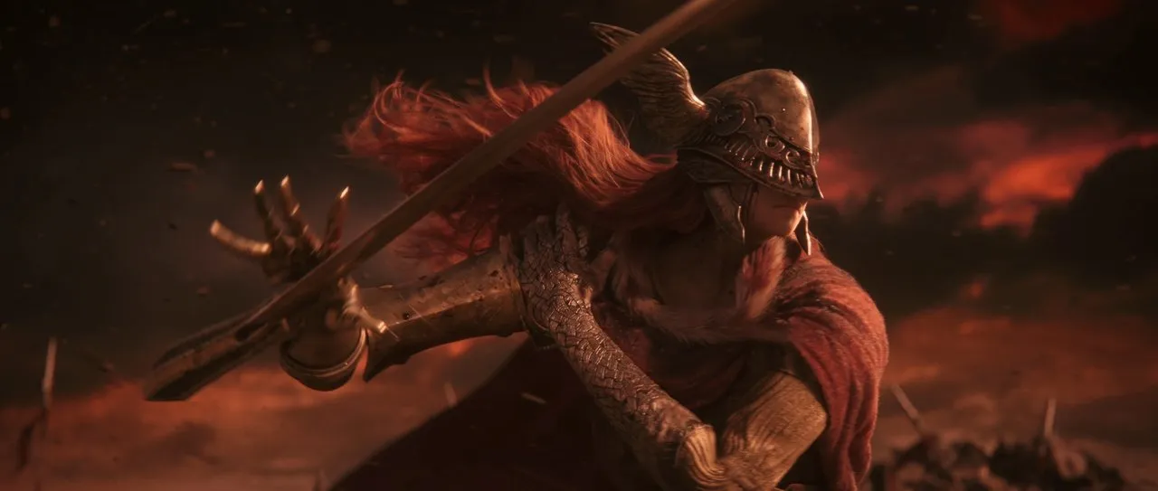 Malenia drawing her sword with red hair streaming in battle