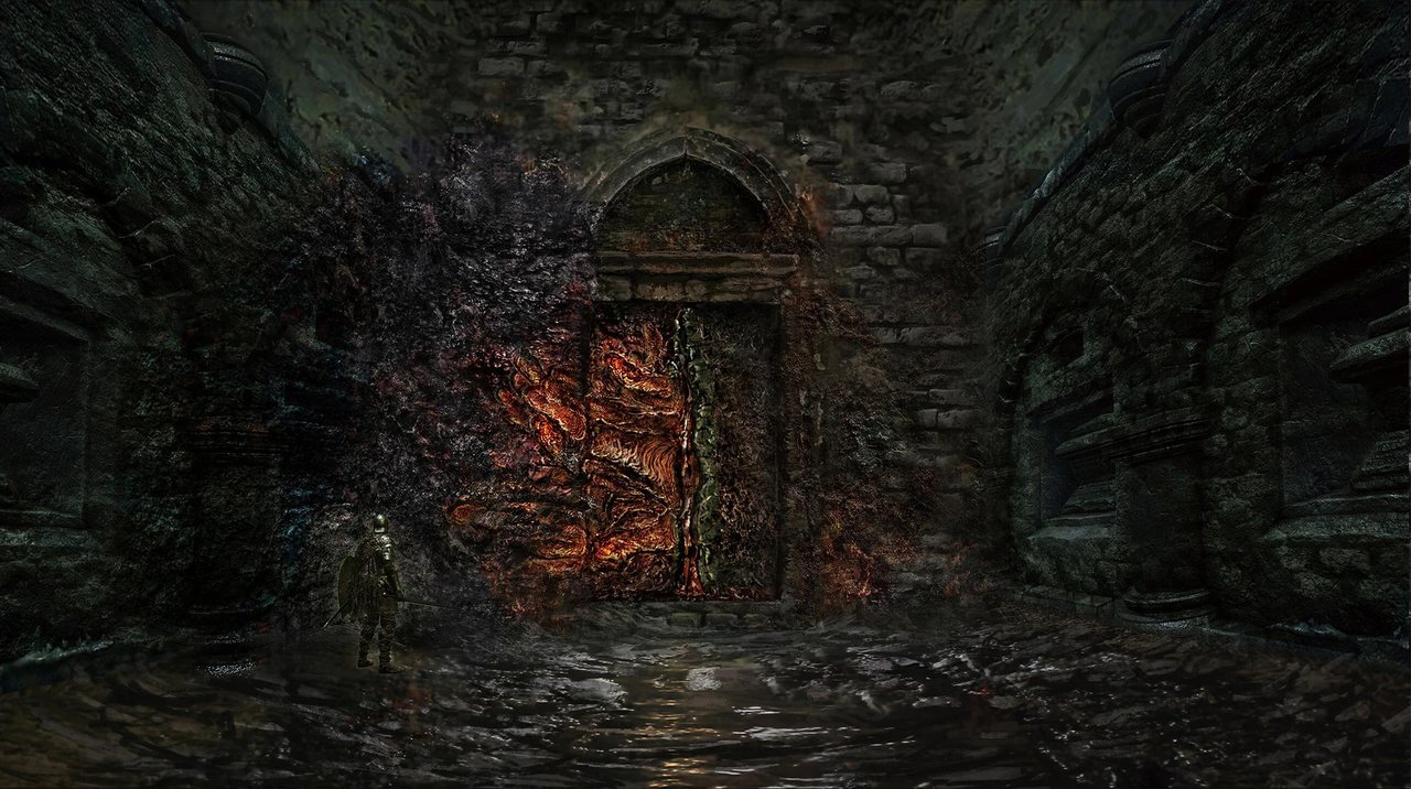 Concept art chính thức của cánh cửa cháy đỏ dẫn vào khu phong ấn Ba Ngón Tay sâu dưới Leyndell trong Elden Ring