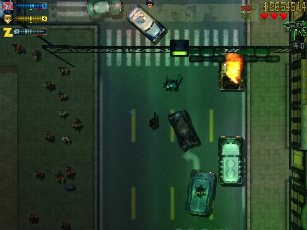 GTA 2 gameplay with the gang Respect meters in the corner of the screen