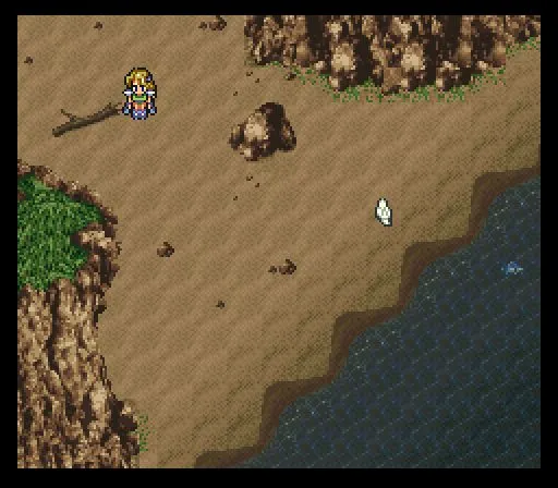 Celes fishing on the beach of the Solitary Island, Final Fantasy VI