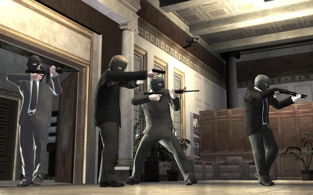 Masked robbers aiming guns inside a bank lobby during the Three Leaf Clover heist in GTA IV