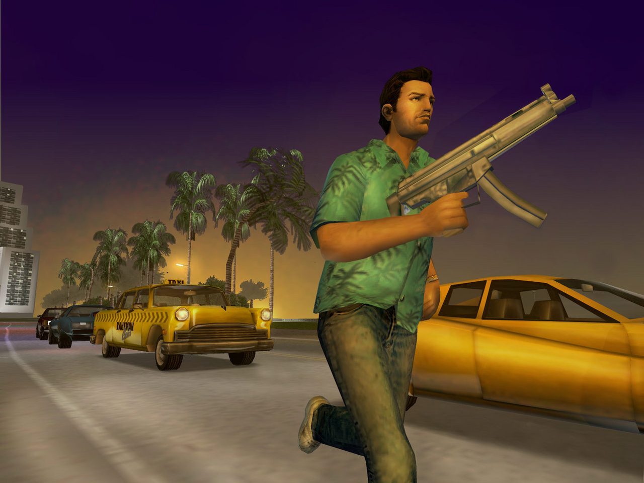 Tommy Vercetti cầm shotgun trong một đêm hành động ở Vice City