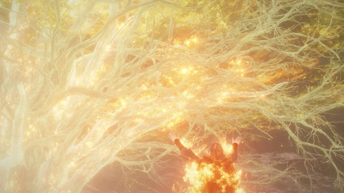 The Erdtree ablaze in a sea of golden flame after the Forge is kindled