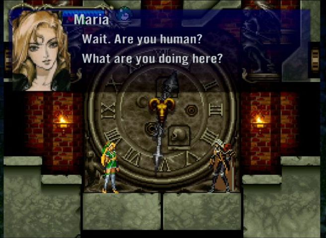 Maria Renard meets Alucard for the first time in the clock room of the Marble Gallery, Castlevania: Symphony of the Night