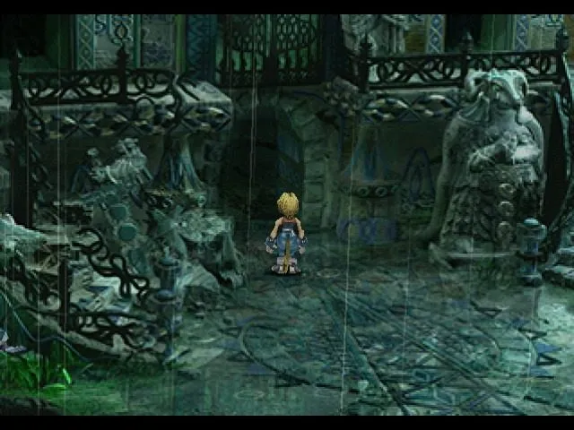Zidane standing amid the ruins of Burmecia in the unending rain