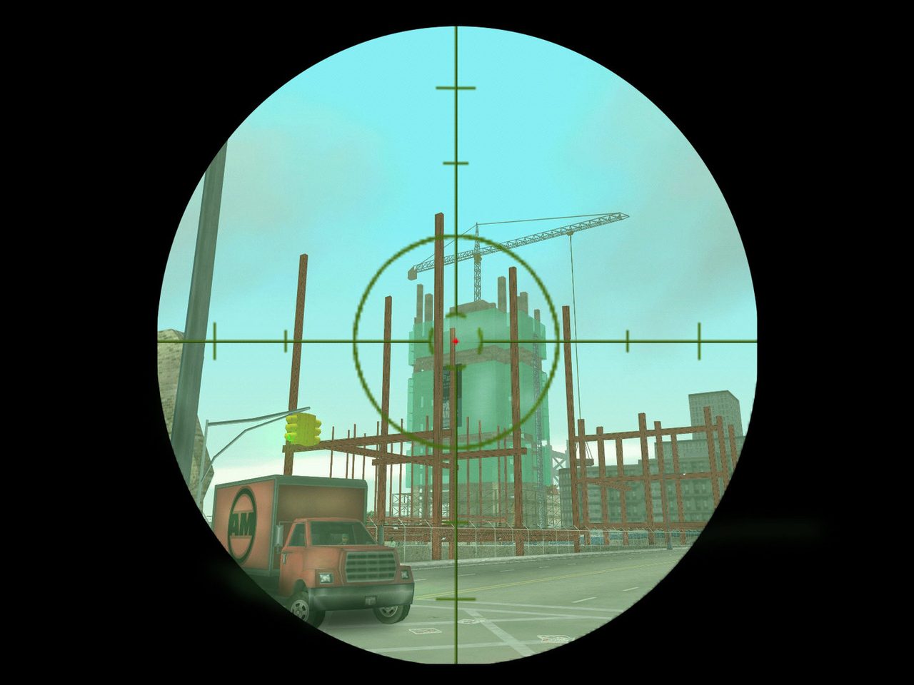 Công trường Fort Staunton qua ống ngắm trong GTA III