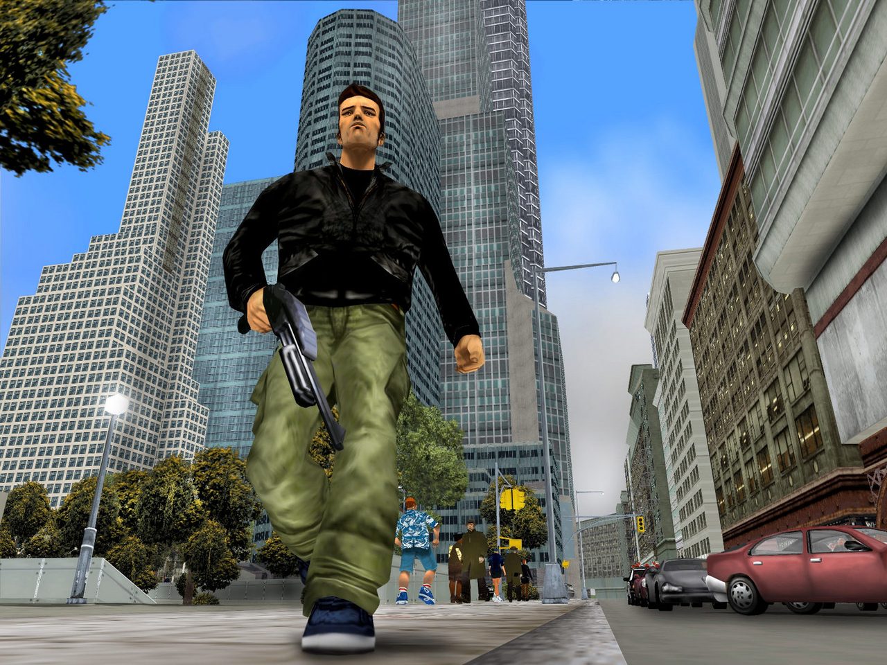 Claude giữa các tòa nhà chọc trời ở Staunton Island trong GTA III