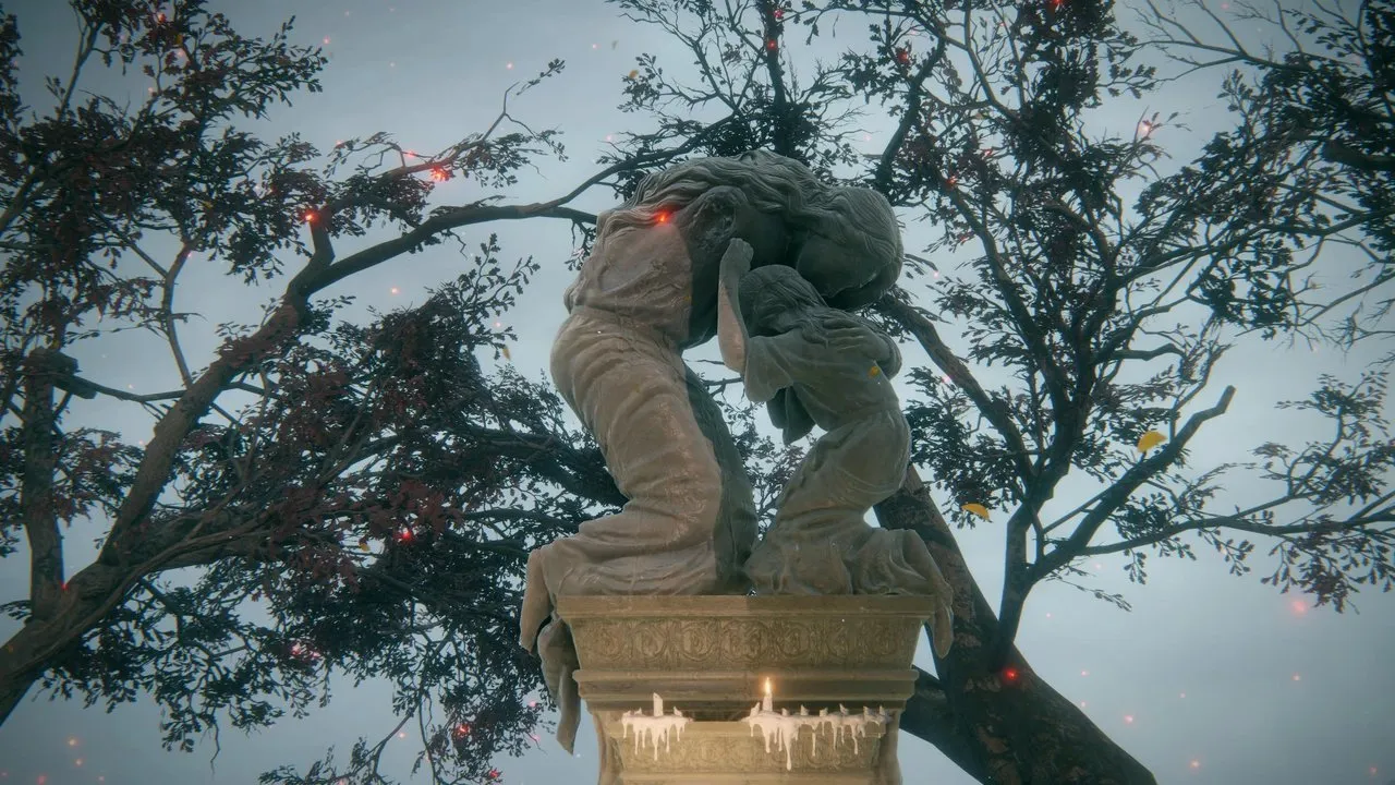Statue of Miquella embracing Malenia at the Haligtree plaza