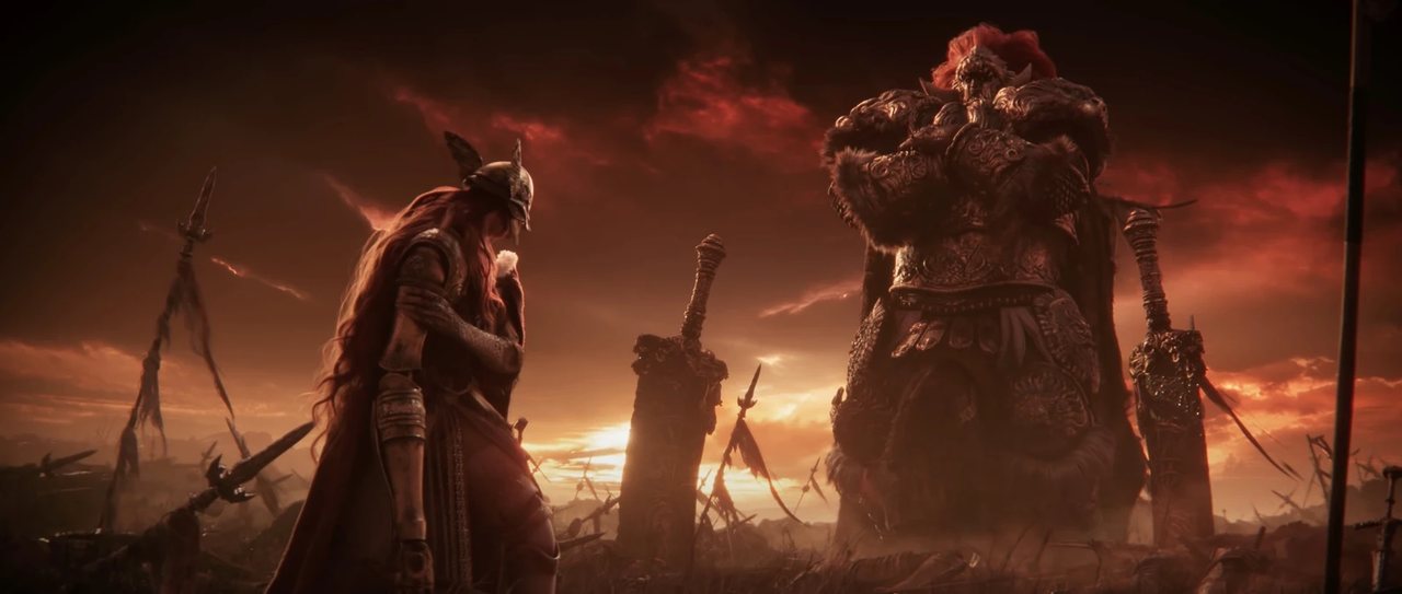 Malenia and Radahn facing each other on the battlefield of Aeonia in Elden Ring's story trailer