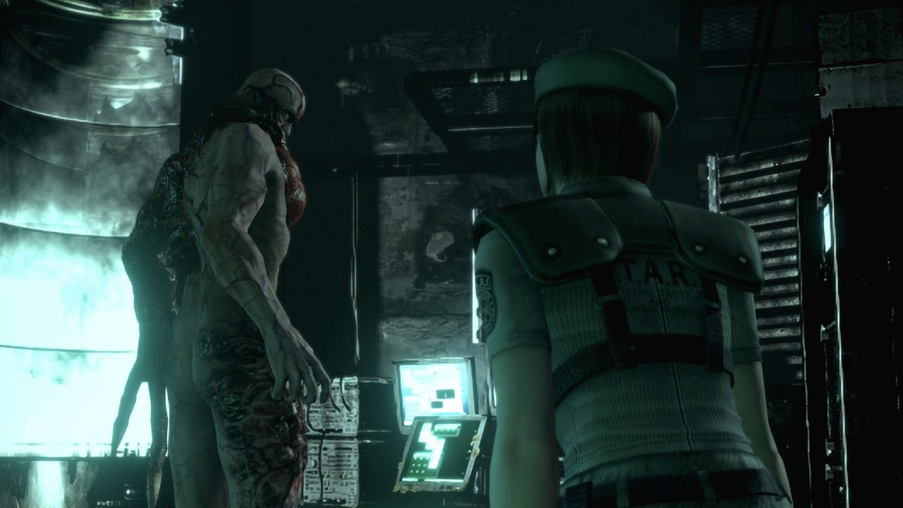 Jill Valentine before the culture tank holding the Tyrant in the Arklay Laboratory, Resident Evil remake