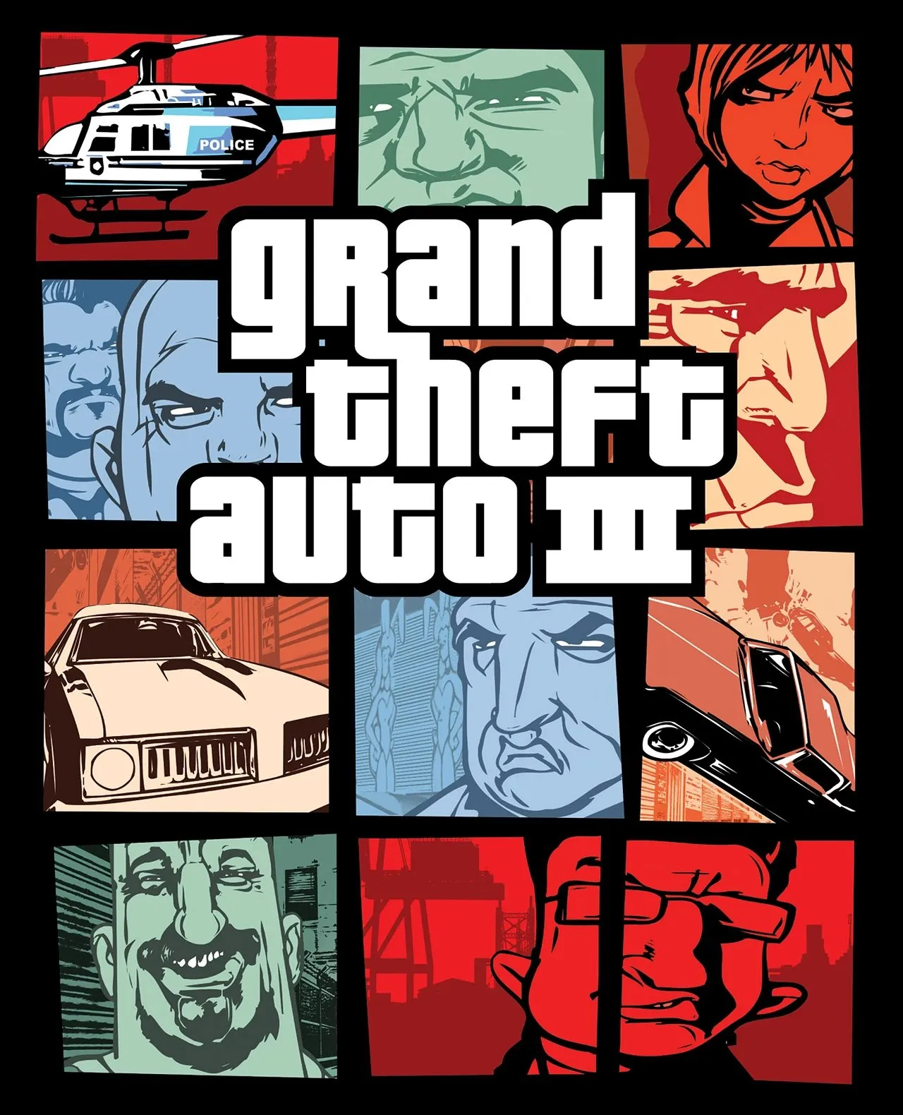 The American box art of Grand Theft Auto III, with its legendary comic-panel collage style