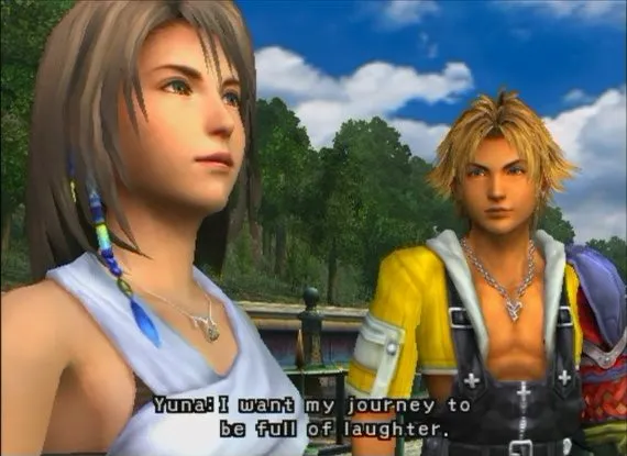 The famous laughing scene: Tidus and Yuna — 'Yuna! I want my journey to be full of laughter.' (original PS2 version)