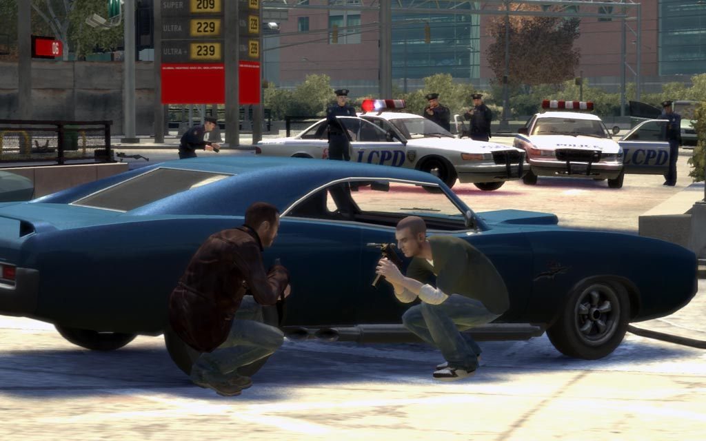 Niko Bellic and Packie McReary taking cover behind a car in a shootout with police in GTA IV