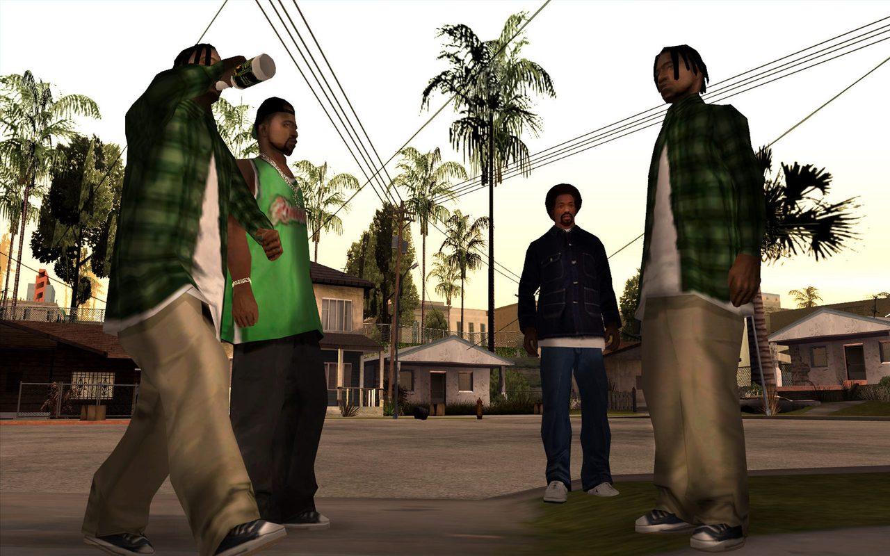 Members of the Grove Street Families gathered on a street in Ganton, Los Santos in Grand Theft Auto: San Andreas