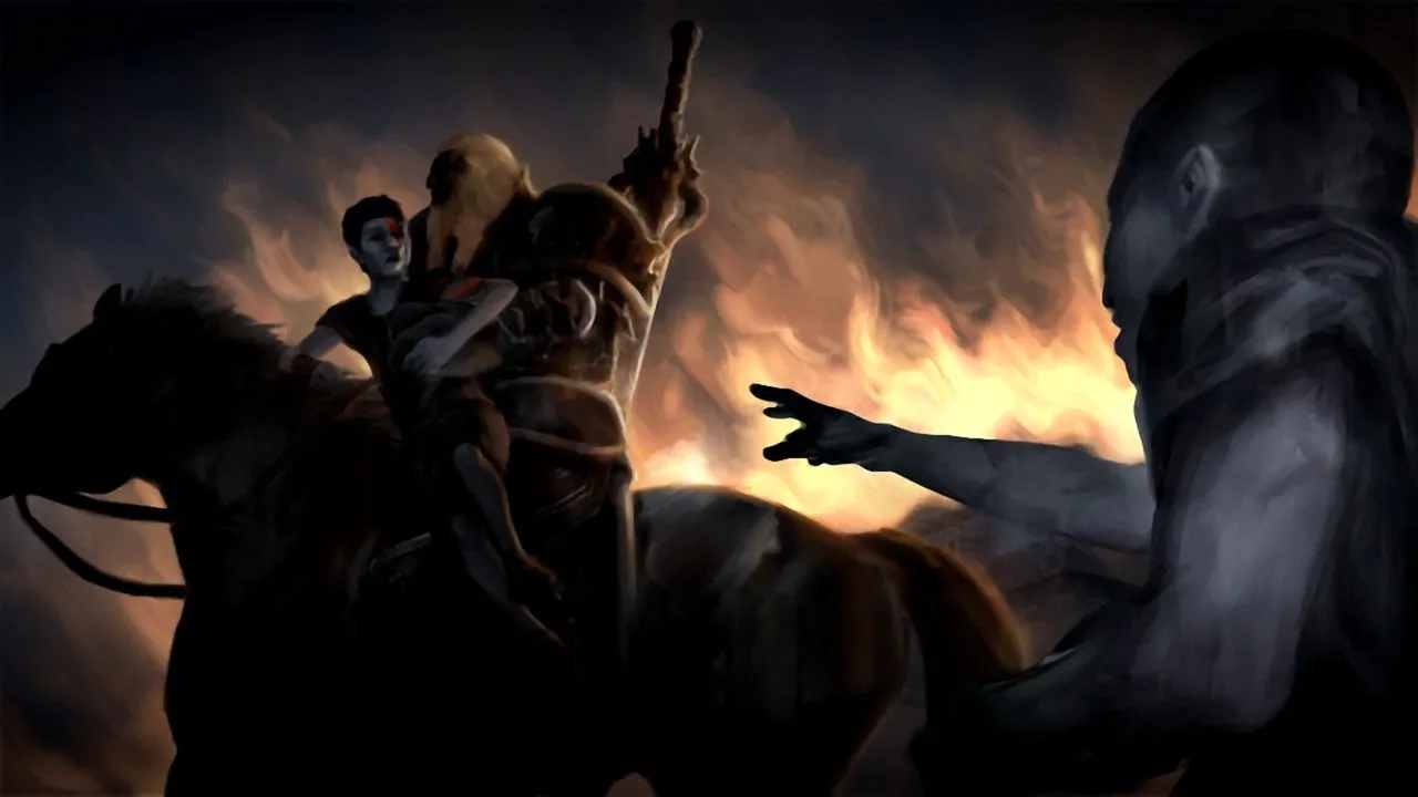 Ares on horseback abducting the young Deimos amid a sea of fire — a flashback in Ghost of Sparta