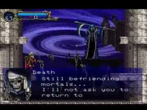 Death confronts Alucard at the castle entrance and steals all his equipment in Castlevania: Symphony of the Night on PS1
