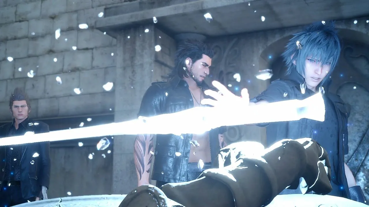 Noctis receiving the weapon of an ancestor at a royal tomb