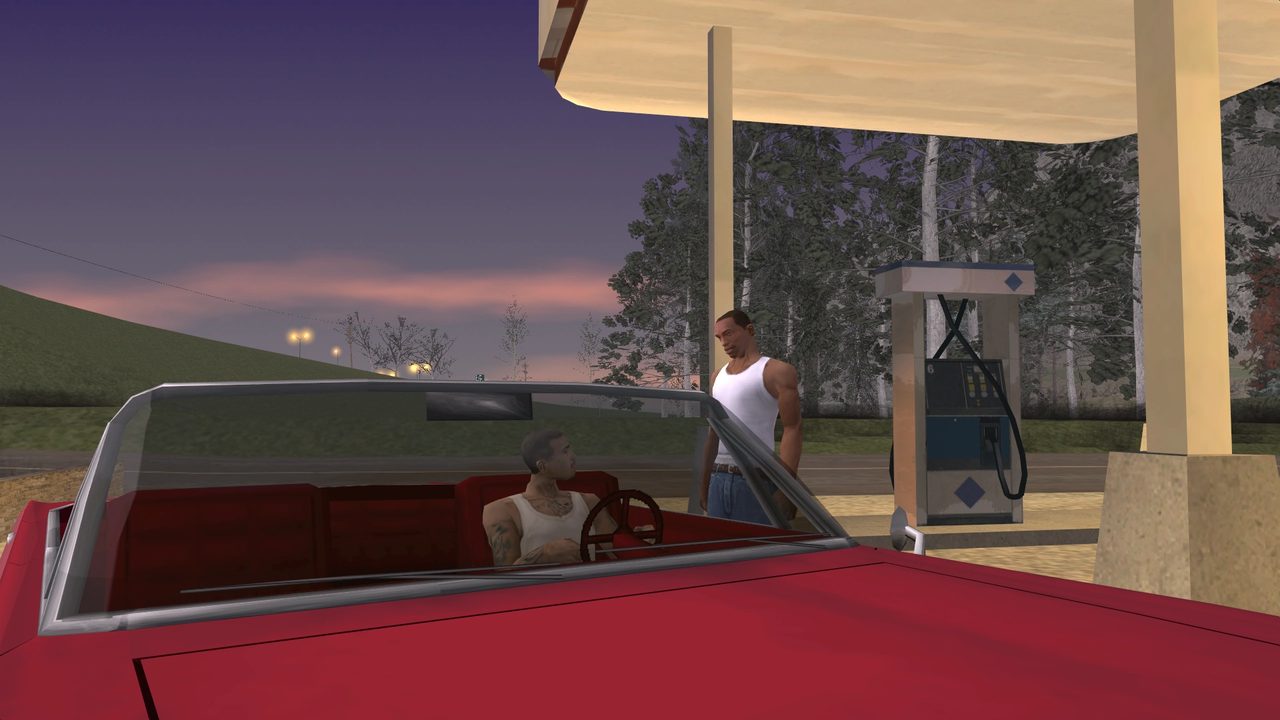 CJ and Cesar during the Photo Opportunity mission in Angel Pine in Grand Theft Auto: San Andreas