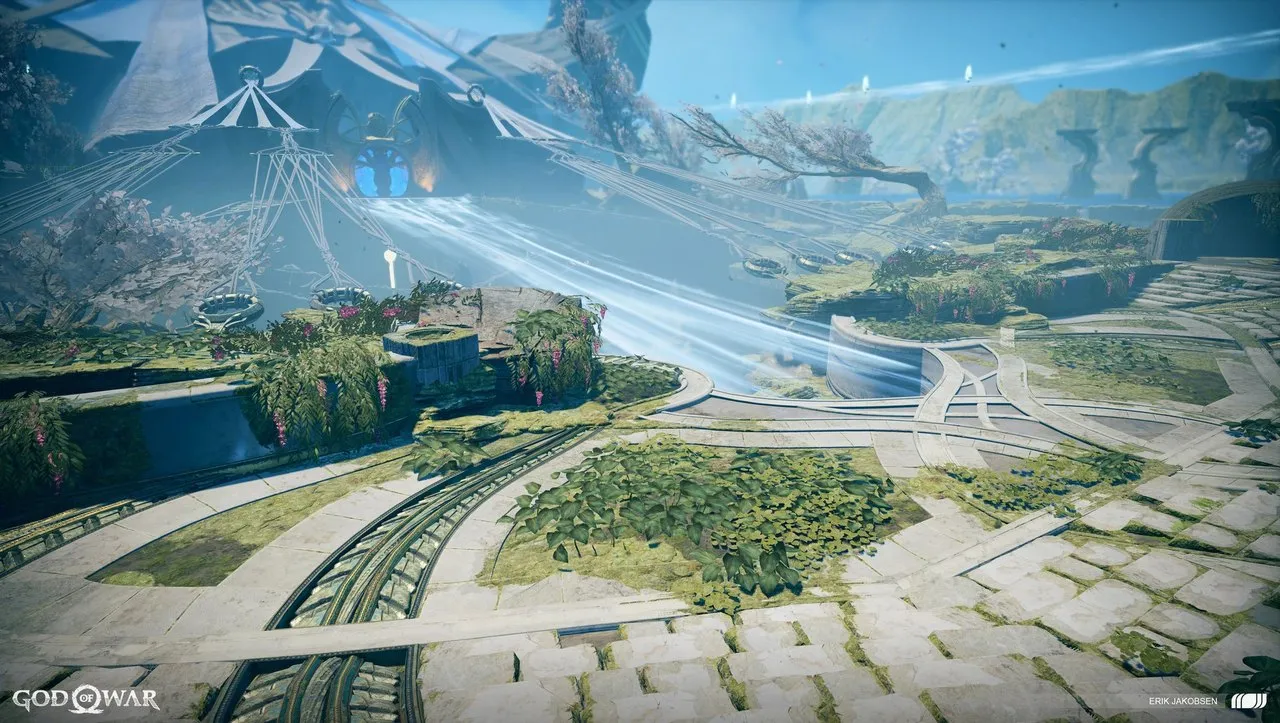 Alfheim, realm of the elves with the pillar of Light in the middle of the lake in God of War