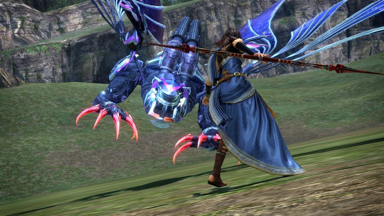 Fang facing the Eidolon Bahamut on the plains of Gran Pulse in Final Fantasy XIII